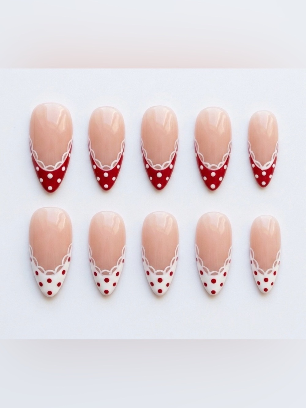 Polished Nude Press-On Nails with Red & White Polka Dot Tips